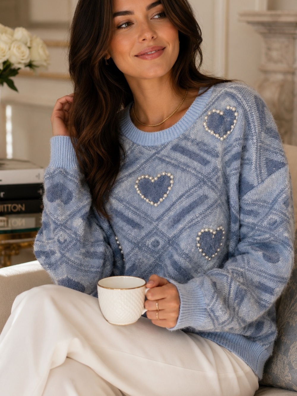 Sew In Love-Light Blue Pearl Heart Sweater| Size Medium